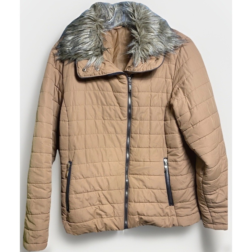 Women's Camel Brown Hooded Parka Puffer Jacket Winter Coat Size XL Faux Fur Trim